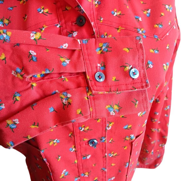 Women's 1OF1 Small Vintage Shirt Top Jacket 1970's Red Button-Up Floral Handmade - Picture 5 of 8